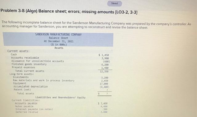  Savod Problem 3-8 (Algo) Balance sheet; errors; missing amounts (L03-2, 3-3]