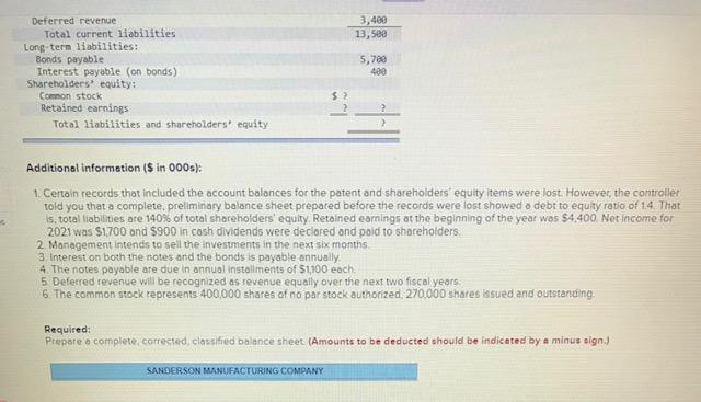 The following incomplete balance sheet for the Sanderson Manufacturing Company was prepared