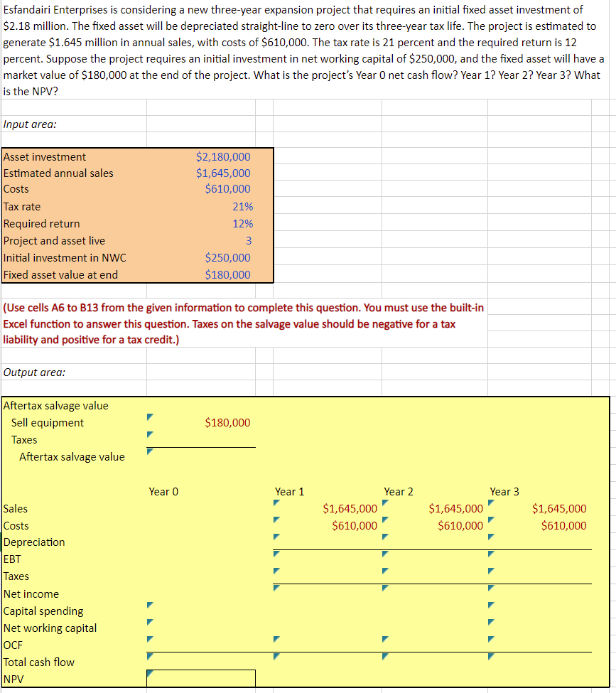 Please help using MS Excel calculations: Esfandairi Enterprises is considering a new