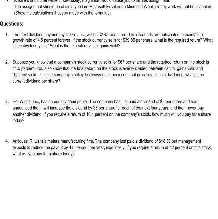  you assig The assignment should be clearly typed on Microsoft Excel