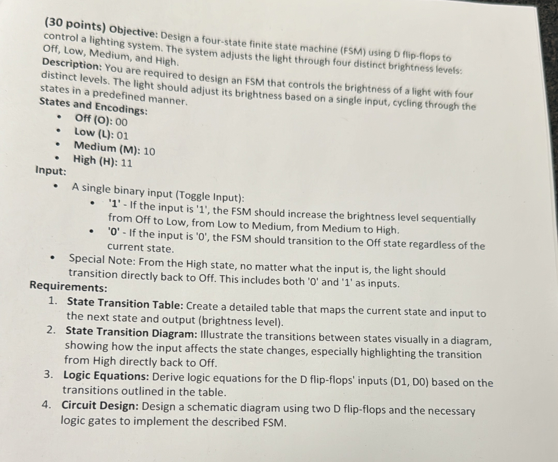  (30 points) Objective: Design a four-state finite state machine (FSM) using