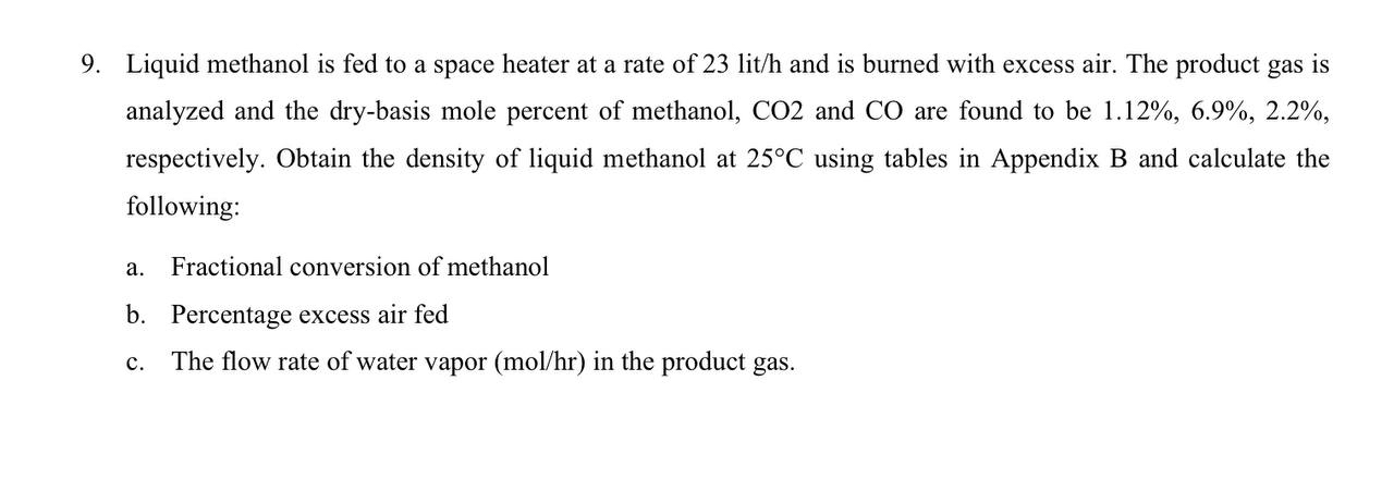  Liquid methanol is fed to a space heater at a rate