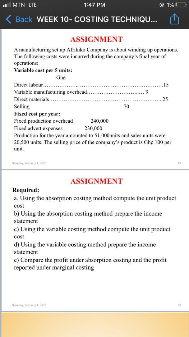  . MIN LTE 1:47 PM @ 1% Back WEEK 10- COSTING