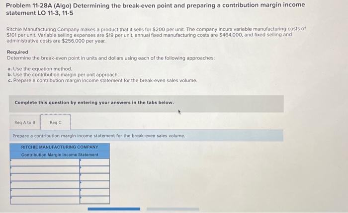 margin income statement LO 11-3, 11-5 Ritchie Manufacturing Company makes a product