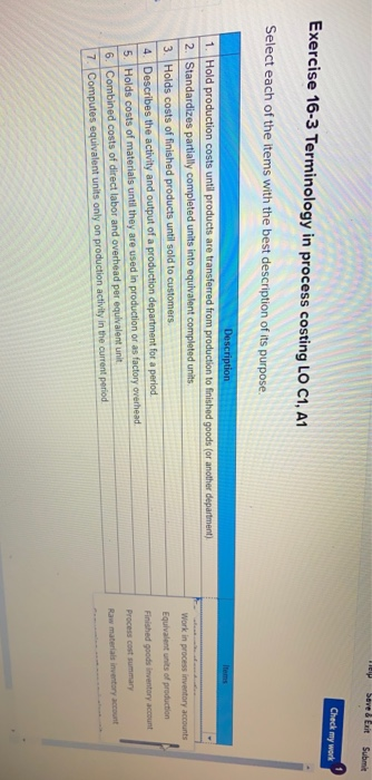  Help Save & Exit Submit Check my work Exercise 16-3 Terminology