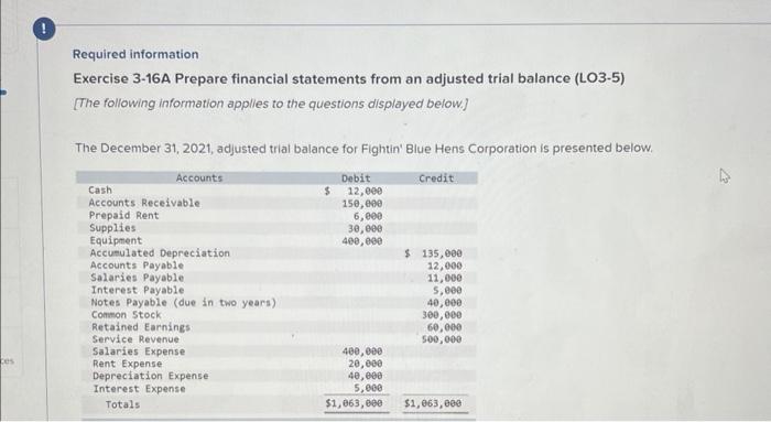  Required information Exercise 3-16A Prepare financial statements from an adjusted trial