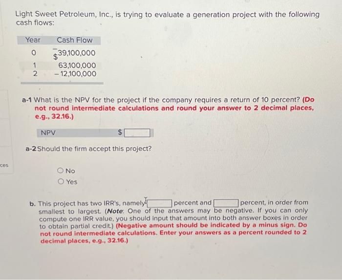  Light Sweet Petroleum, Inc., is trying to evaluate a generation project