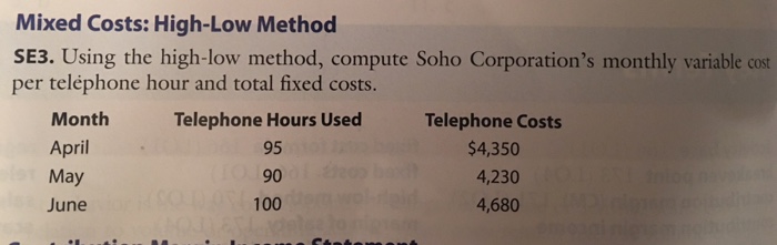 Mixed Costs: High-Low Method Using the high-low method, compute Soho Corporation's