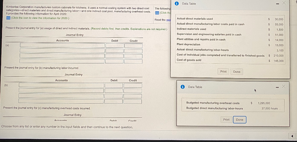 i Data Table - Kimberloo Corporation manufactures custom cabinets for kitchens.