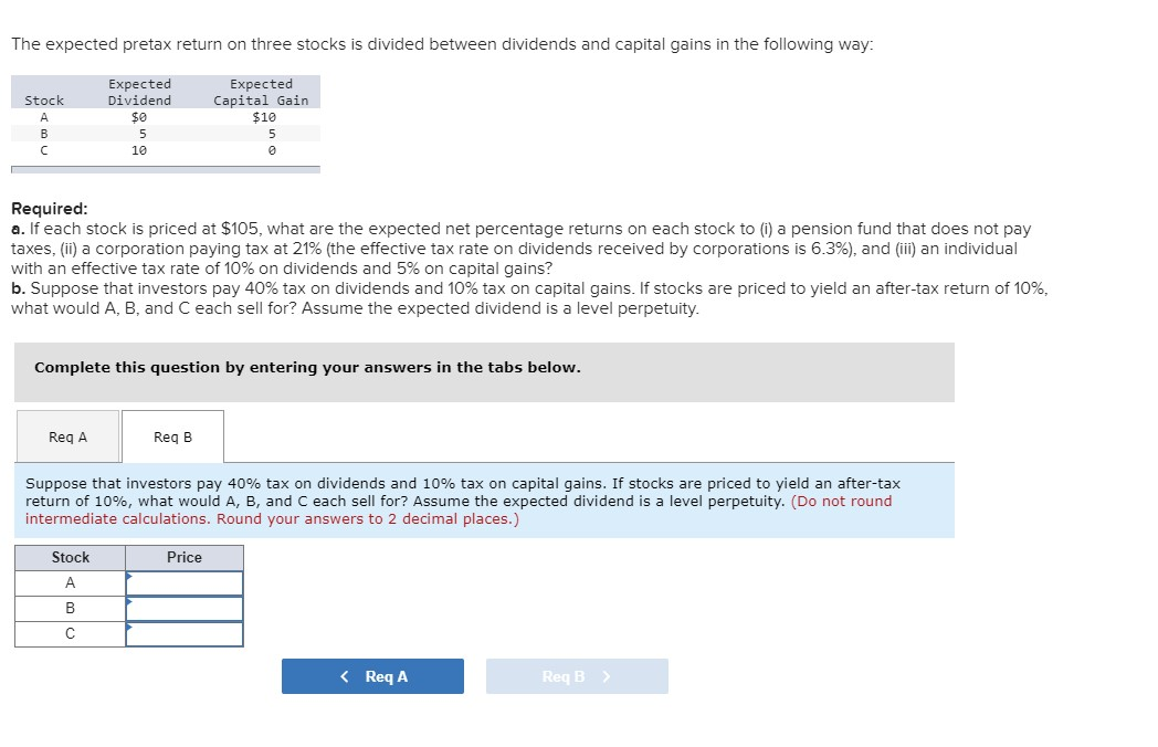 and capital gains in the following way: Stock A B C Expected