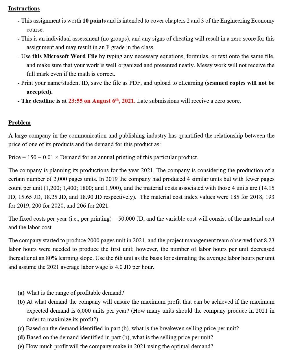 Instructions - This assignment is worth 10 points and is intended