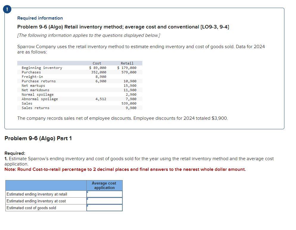  Required information Problem 9-6 (Algo) Retail inventory method; average cost and