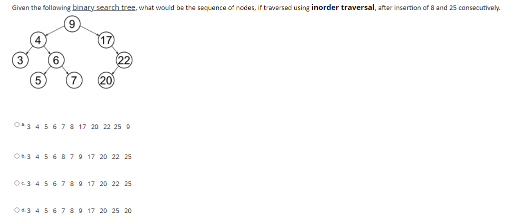  Given the following binary search tree, what would be the sequence