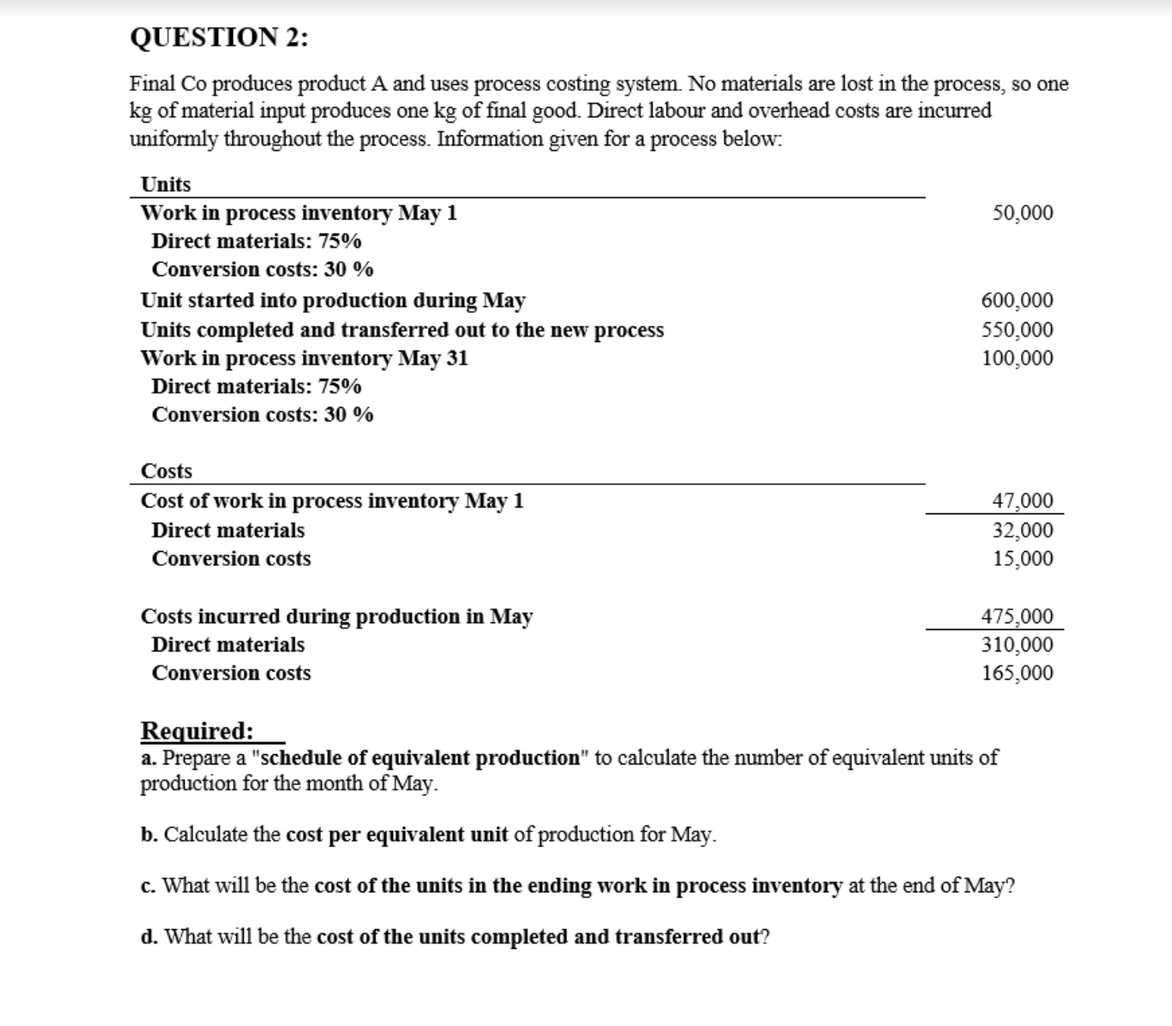 QUESTION 2: Final Co produces product A and uses process costing