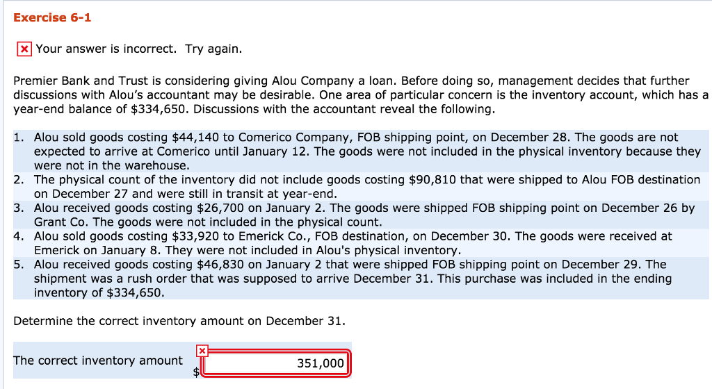 Exercise 6-1 x Your answer is incorrect. Try again. Premier Bank