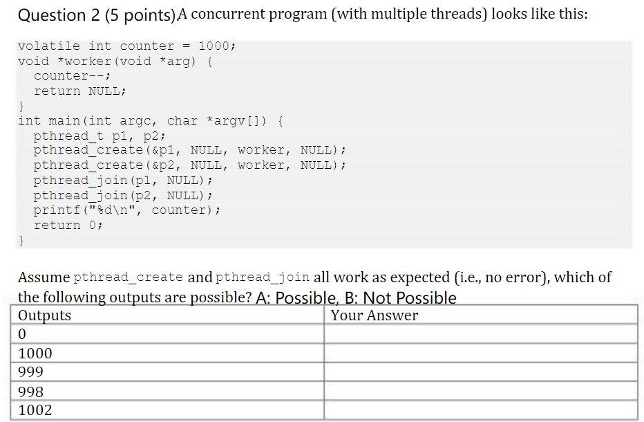 Question 2 (5 points)A concurrent program (with multiple threads) looks like