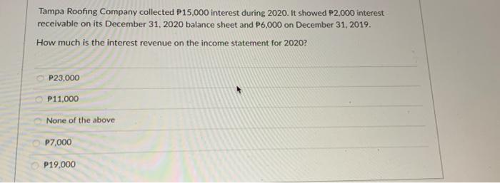  Tampa Roofing Company collected P15,000 interest during 2020. It showed P2,000
