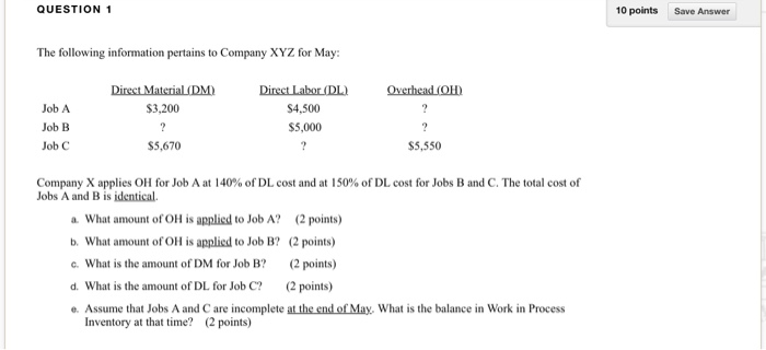  QUESTION 1 10 points Save Answer The following information pertains to