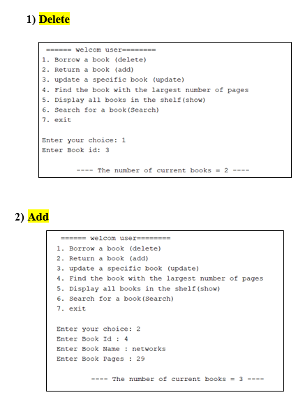 borrowing and return operations. At first, Asks the user to add books