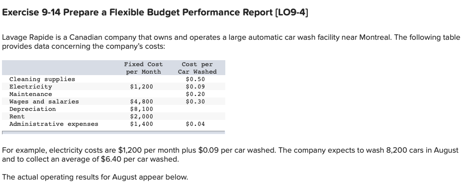  Exercise 9-14 Prepare a Flexible Budget Performance Report [LO9-4] Lavage Rapide