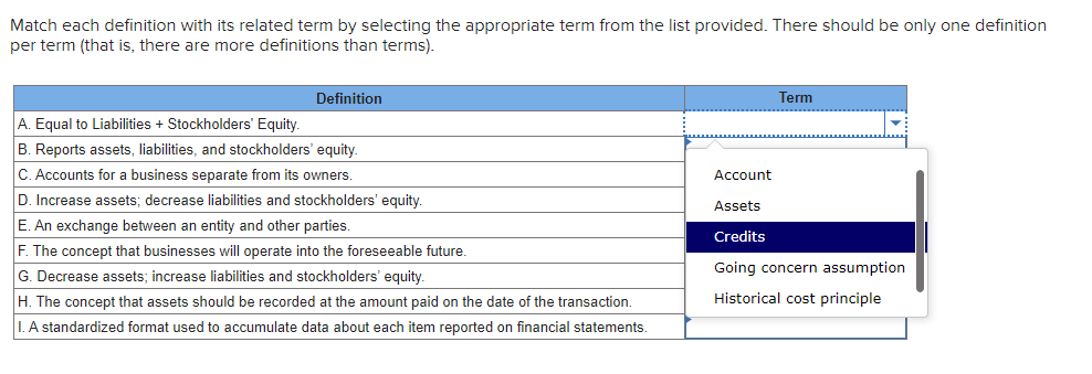 Match each definition with its related term by selecting the appropriate