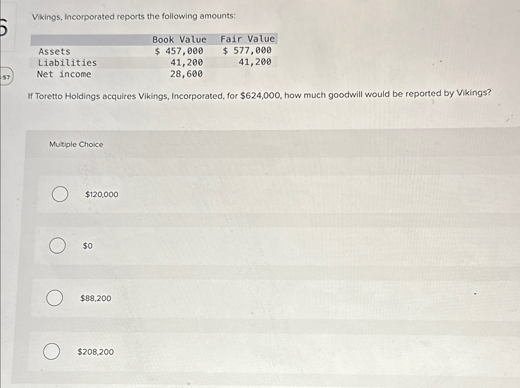  Vikings, Incorporated reports the following amounts: \table[[,Book Value,Fair Value],[Assets,$457,000,$577,000 