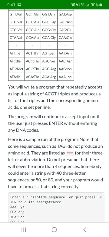 table...... # Triples and their three-letter abbreviations # 'TTT': 'Phe', 'TCT': 'Ser',