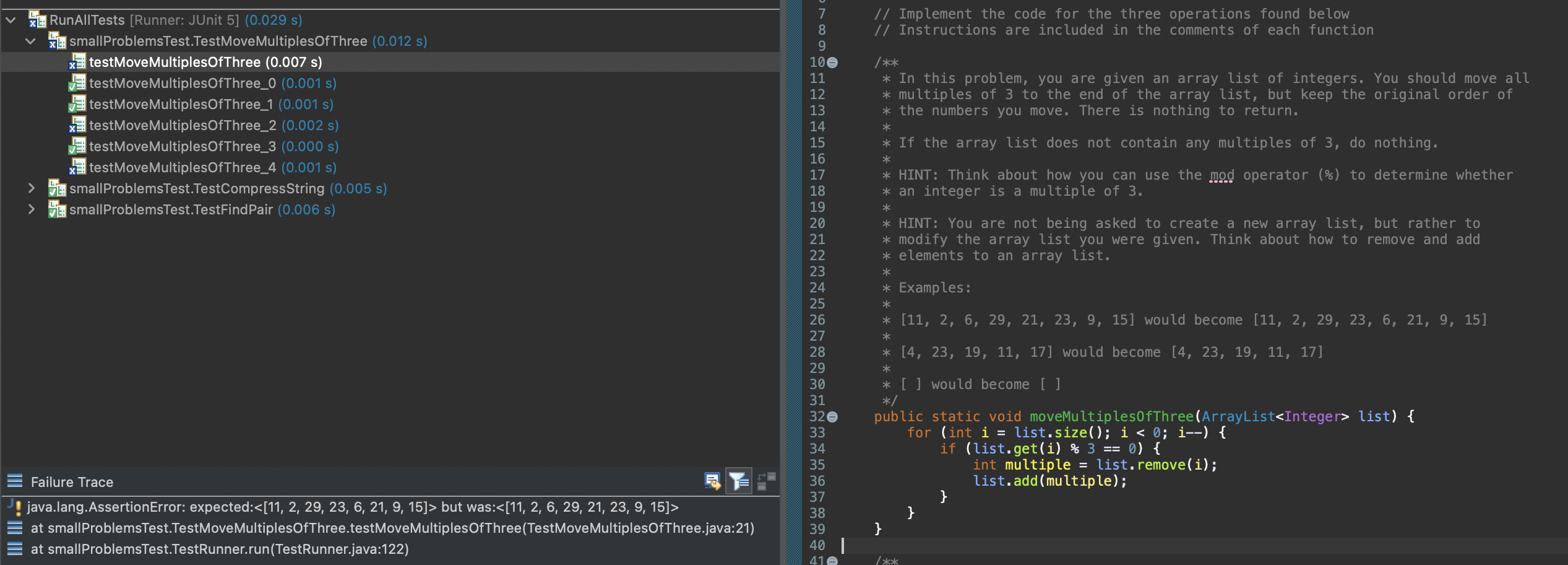 Java based on the test what is wrong with this code.
