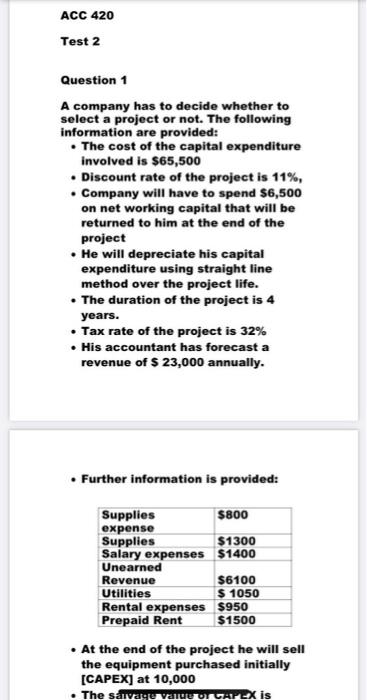 please use the same values and solve it completly. thanks. ACC 420