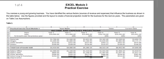 model for the business for the next six years. The parameters are