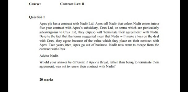  Course: Contract Law 11 Question 1 Apex plc has a contract