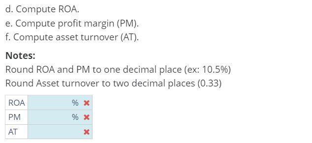  d. Compute ROA. e. Compute profit margin (PM). f. Compute asset