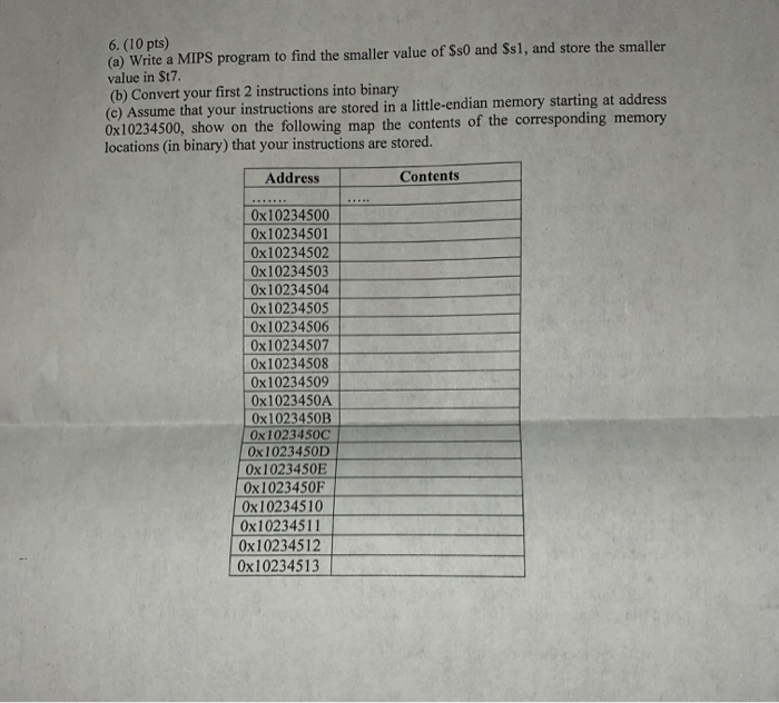 fill out the table please 6. (10 pts) (a) Write a MIPS