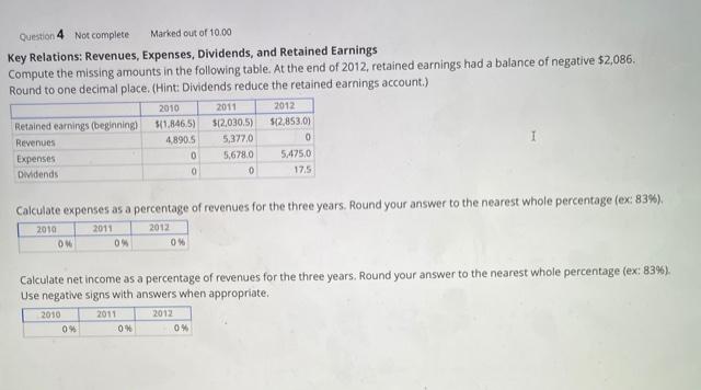  Question 4 Not complete Marked out of 10.00 Key Relations: Revenues,
