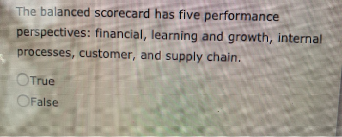  The balanced scorecard has five performance perspectives: financial, learning and growth,