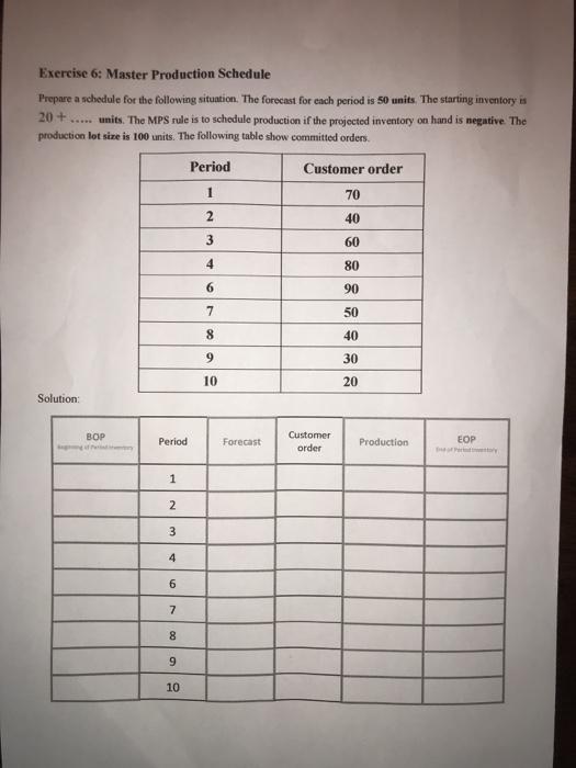  Subject: Production Planning and Control Exercise 6: Master Production Schedule Prepare
