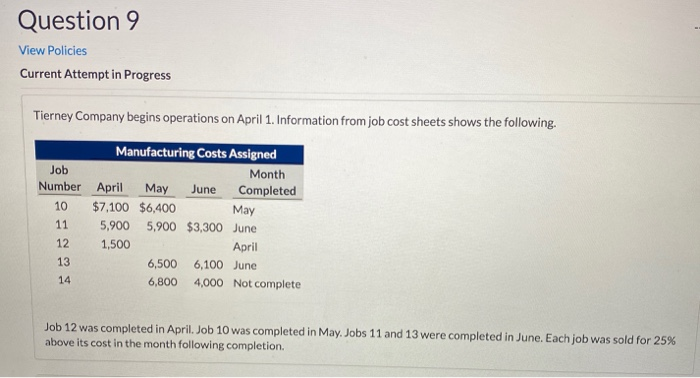  Question 9 View Policies Current Attempt in Progress Tierney Company begins