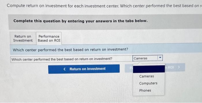 provided for each Investment Center. Compute return on investment for each investment