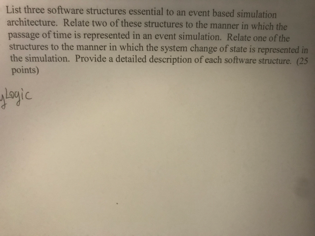  List three software structures essential to an event based simulation architecture.