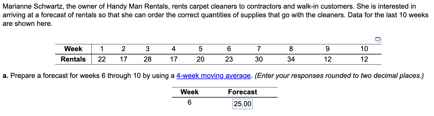 a. Prepare a forecast for weeks 6 through 10 by using