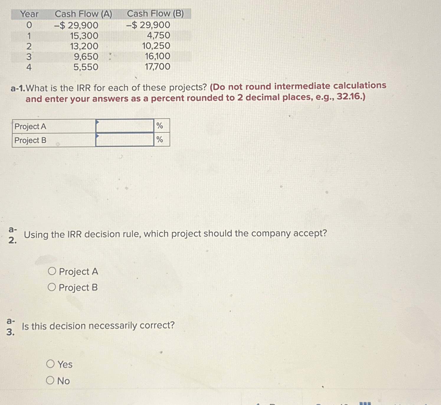  \table[ Year,Cash Flow (A),Cash Flow (B) b- If the required return