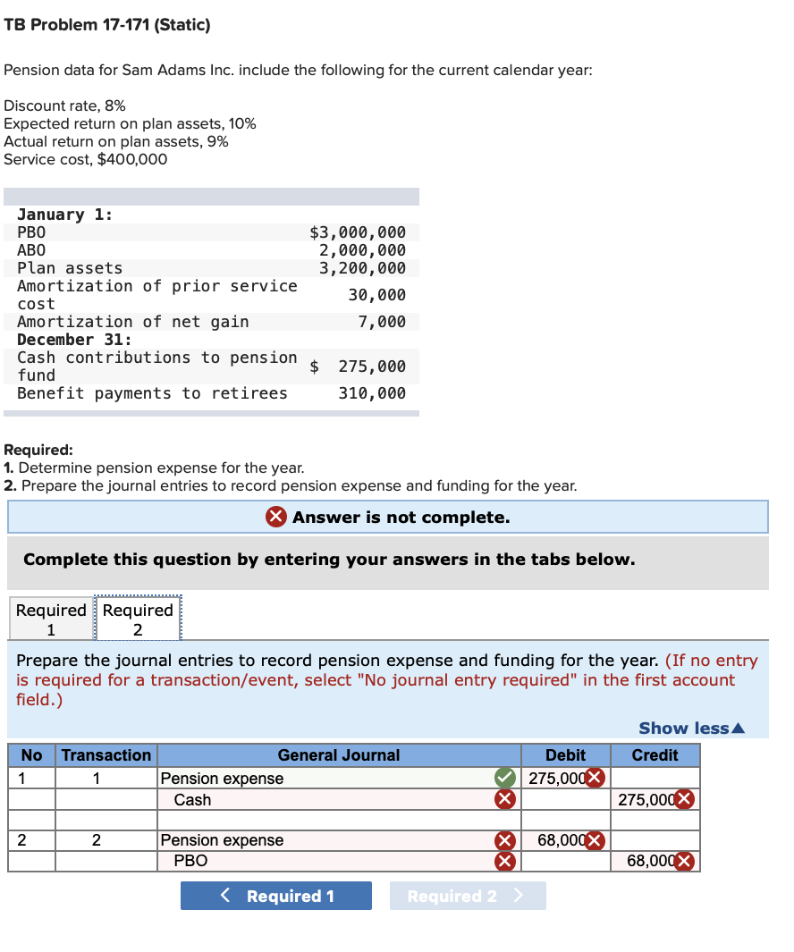 TB Problem 17-171 (Static) Pension data for Sam Adams Inc. include