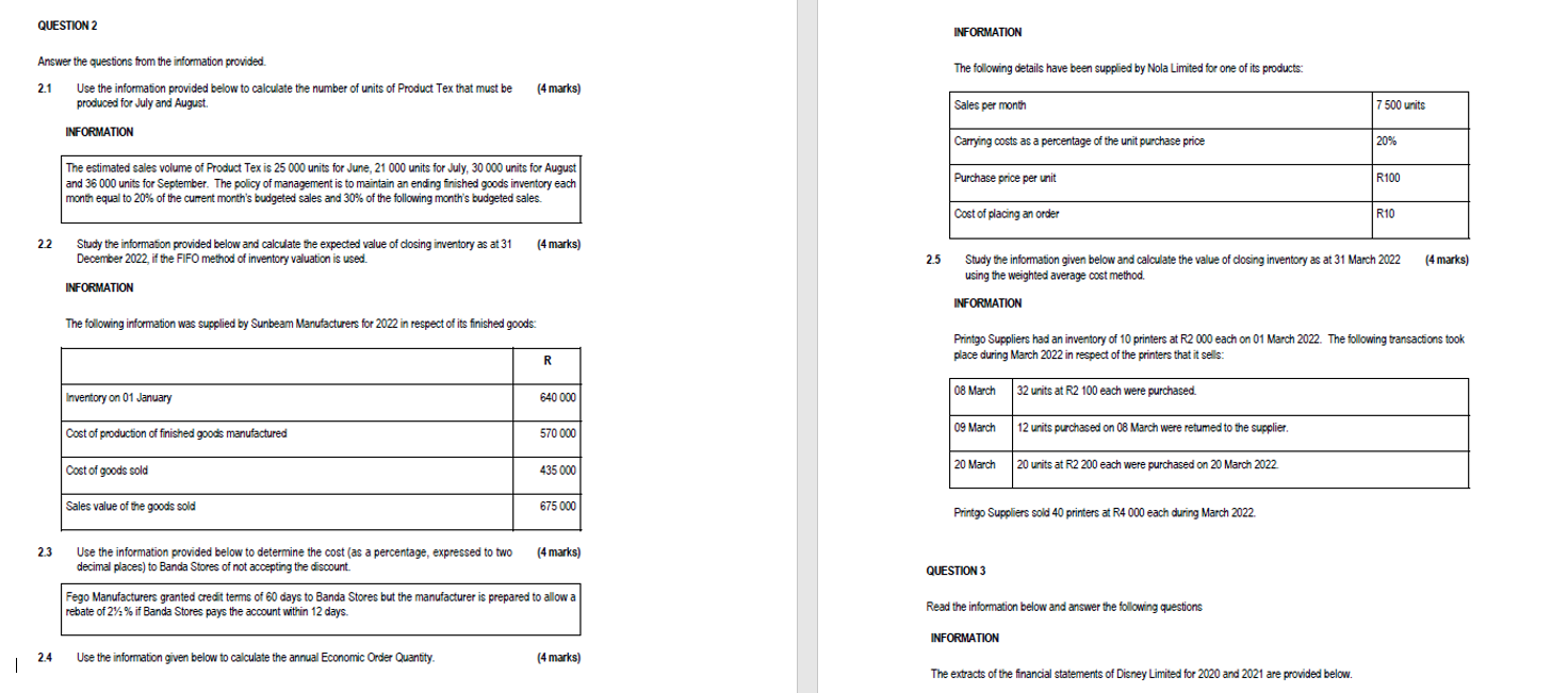 1 QUESTION 2 Answer the questions from the information provided. 2.1