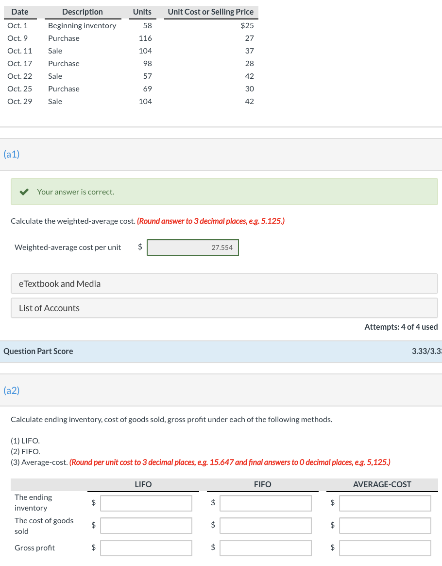 Date Units Description Beginning inventory Purchase Unit Cost or Selling Price