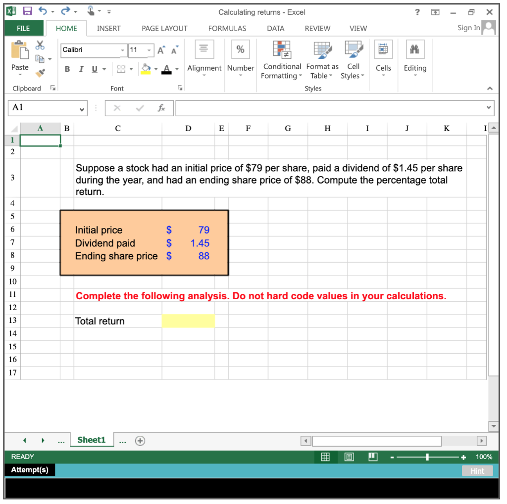  x] A 5 Calculating returns - Excel ? X FILE HOME
