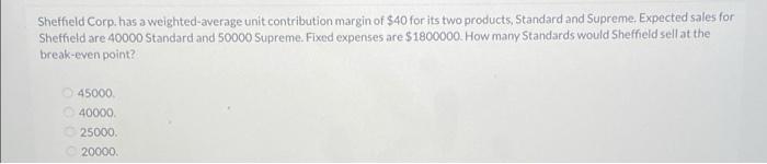  Sheffield Corp. has a weighted average unit contribution margin of $40