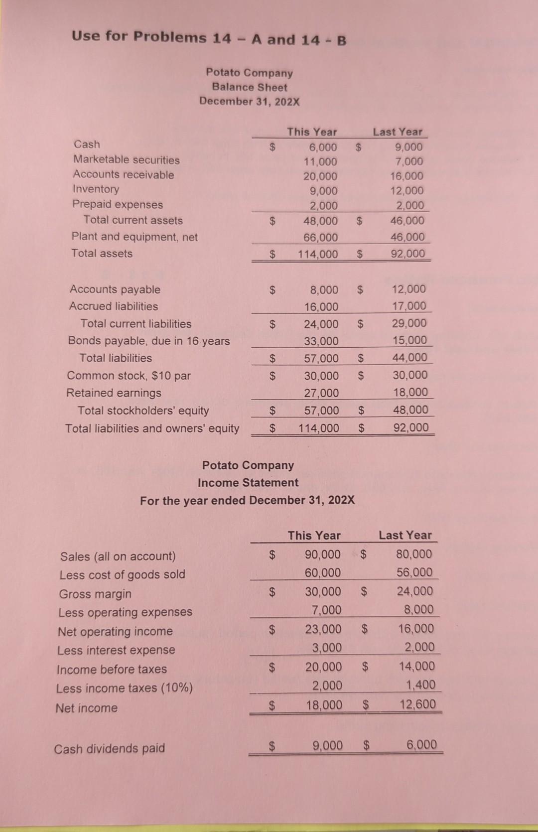 financial ratios, for the Potato Company, for both This Year and Last