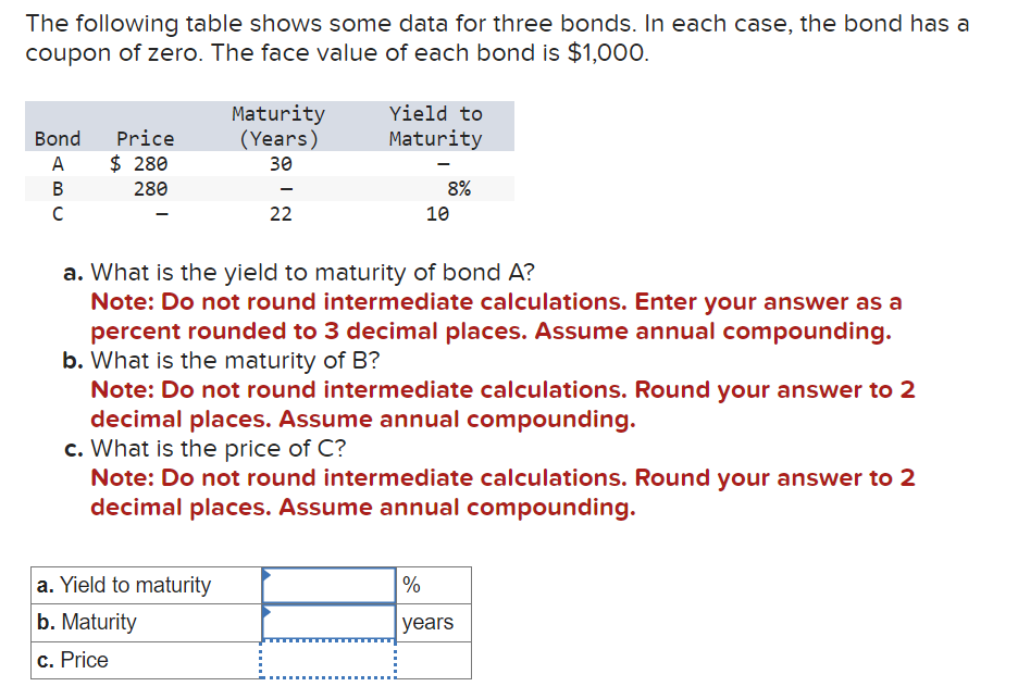  The following table shows some data for three bonds. In each