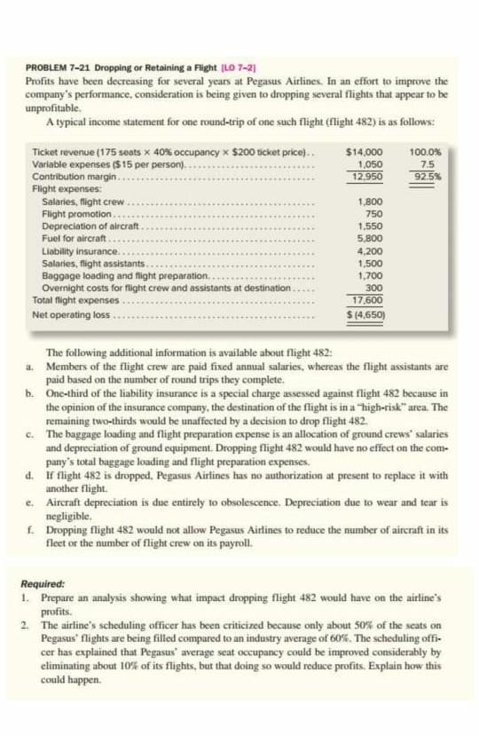PROBLEM 7-21 Dropping or Retaining a Flight |LO 7-21 Profits have