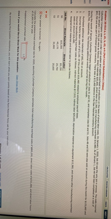  CES D on) 1 CALCULATOR PRINTER VERSION BACK NEXT Problem 20-01A